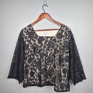 ROAMAN'S Lace Cropped Blouse 3/4 Sheer Sleeve Black Nude Linning Womens Size 22W